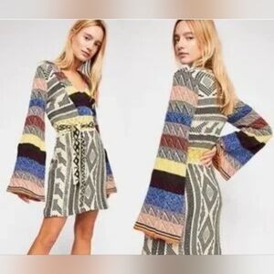 FREE PEOPLE XS Multicolor Patchwork Long Bell Sleeve Sweater Dress